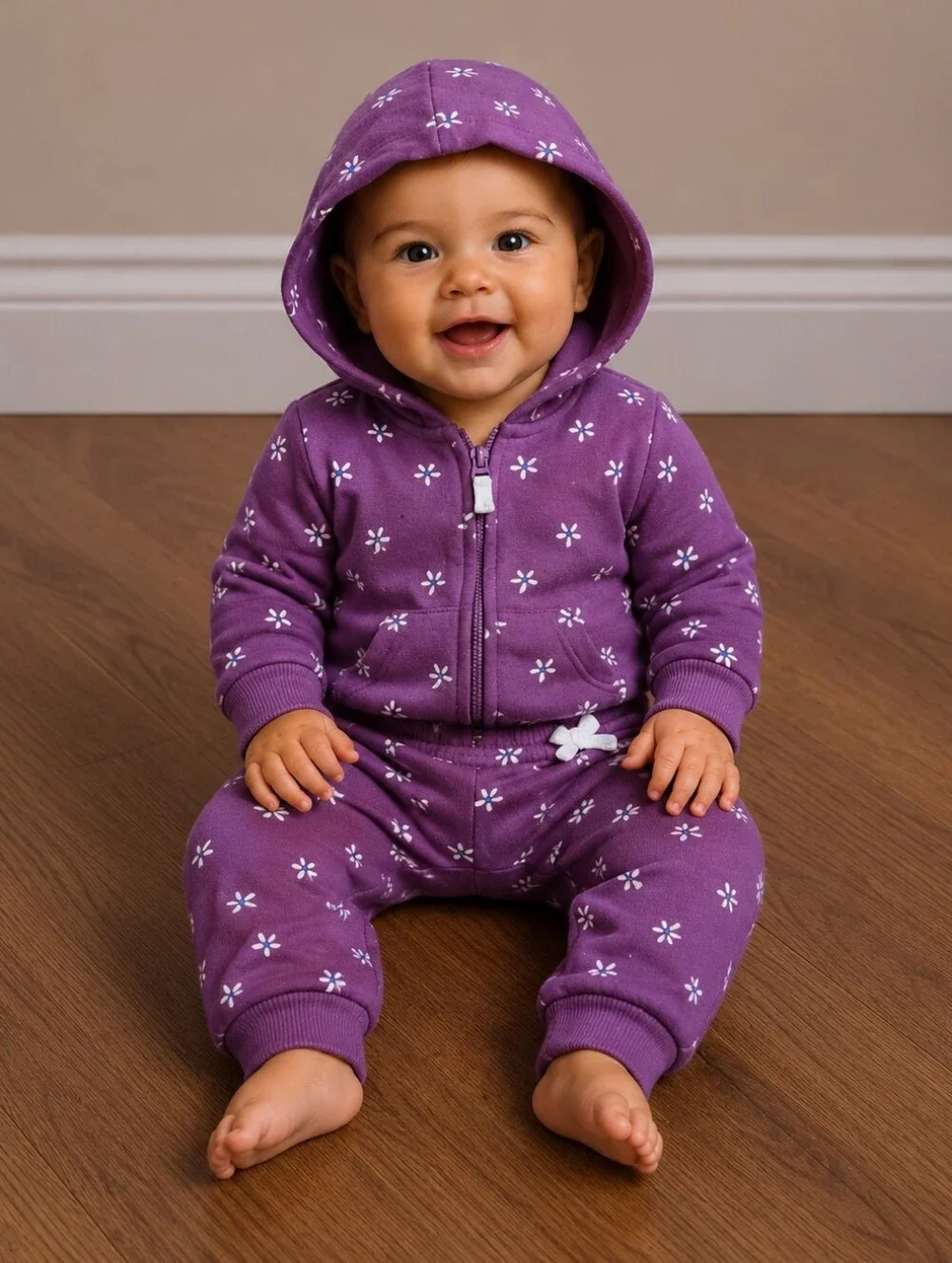 3m Carter's Purple Floral Baby Hoodie and Pants Set